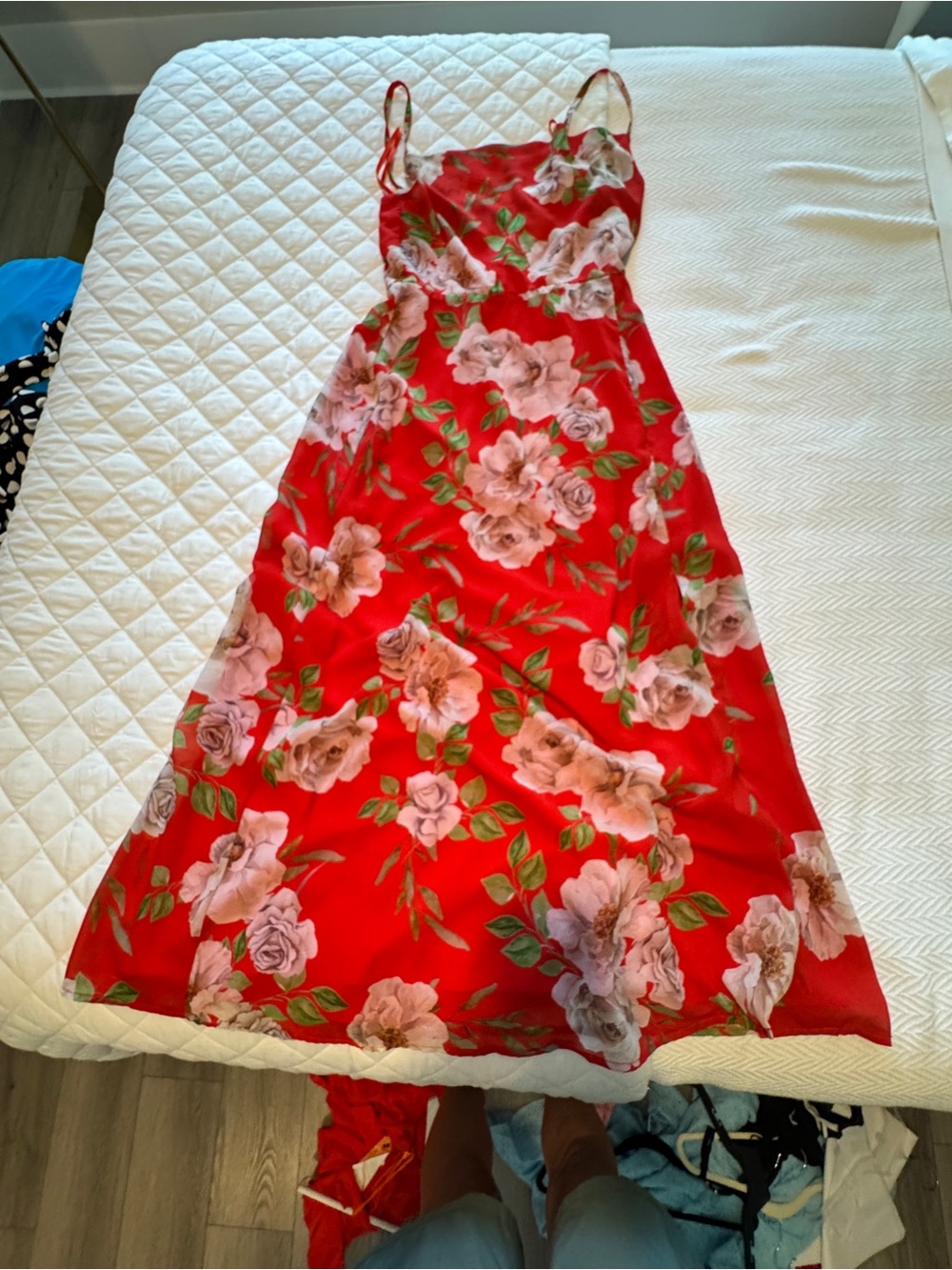 Boston Proper Red Maxi Slip Dress with Pink Rose Print